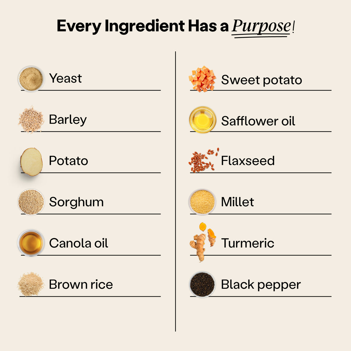 Chart listing ingredients with visuals: yeast, barley, sweet potato, safflower oil, and more.